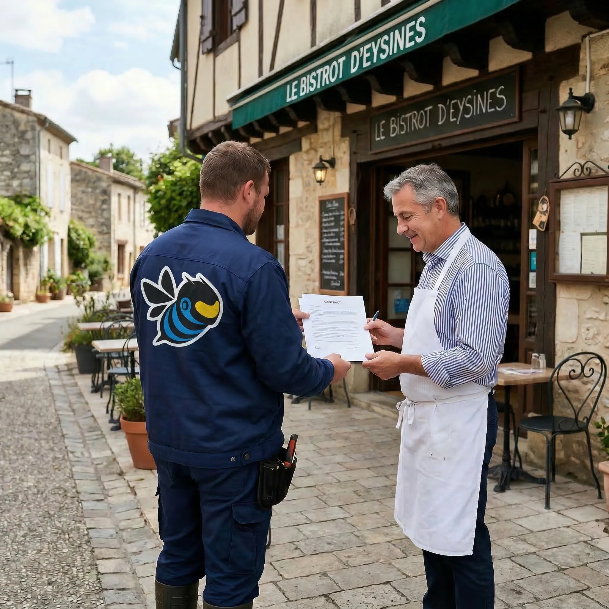 Technicien ANNA signant un contrat de dératisation avec le gérant du Bistrot d'Eysines