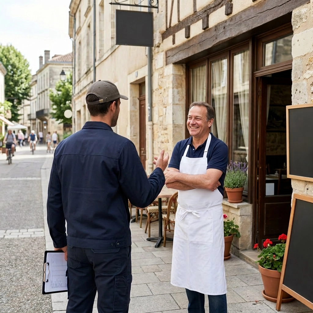 Technicien ANNA signant un contrat de dératisation avec un restaurateur à Mérignac