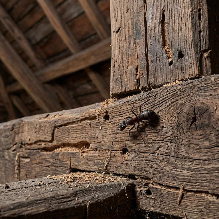 Fourmis charpentières dans une charpente en bois, dégâts et traitement professionnel en Gironde