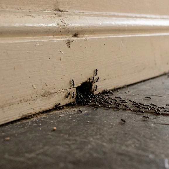 Invasion de fourmis le long d'une plinthe intérieure — traitement anti-fourmis Bordeaux Gironde