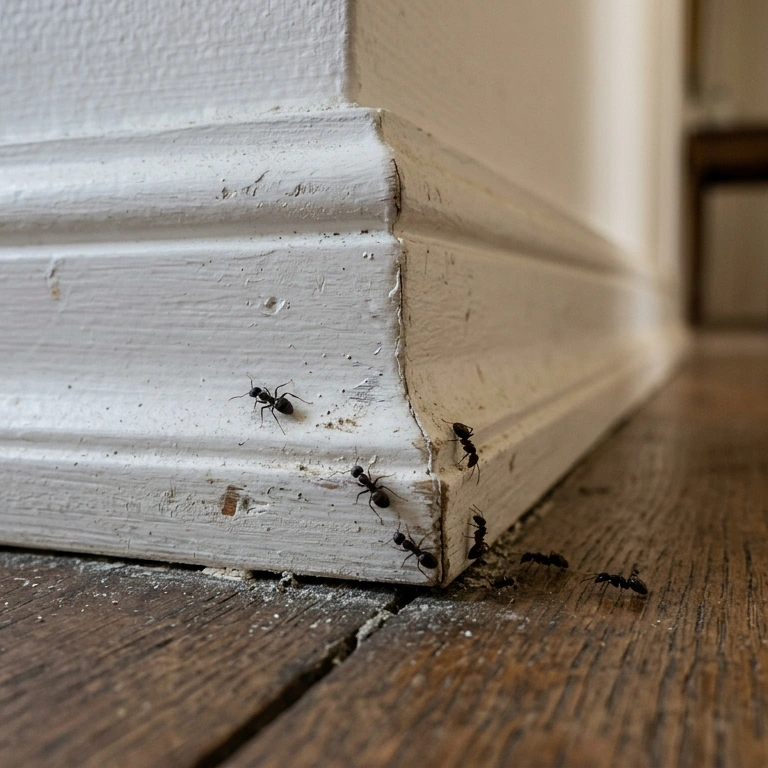Fourmis qui sortent sous une plinthe — nid dans la cloison ou axe de passage, diagnostic professionnel en Gironde