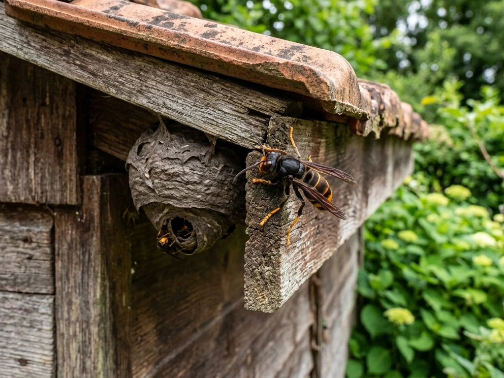 Frelon asiatique proche de son nid sur un cabanon de jardin en Gironde — espèce invasive dangereuse