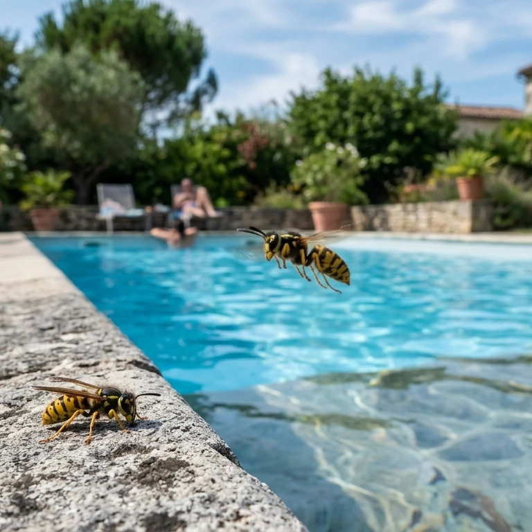 Guêpes attirées par une piscine en été en Gironde — signe d'un nid actif à proximité