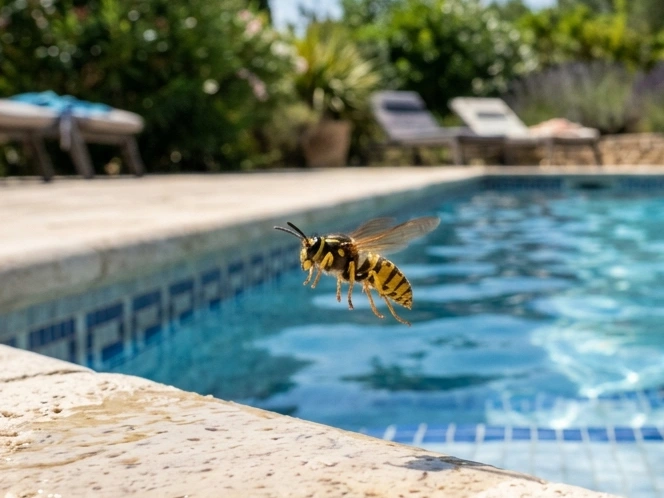 Guêpes sur le rebord d'une piscine en été en Gironde — présence anormale signe d'un nid à proximité