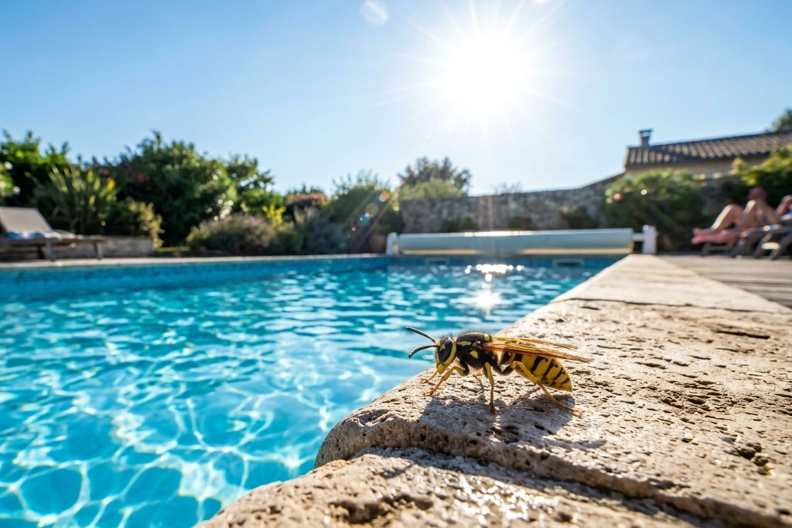 Guêpe posée sur le rebord d'une piscine en période de canicule en Gironde, à la recherche d'eau