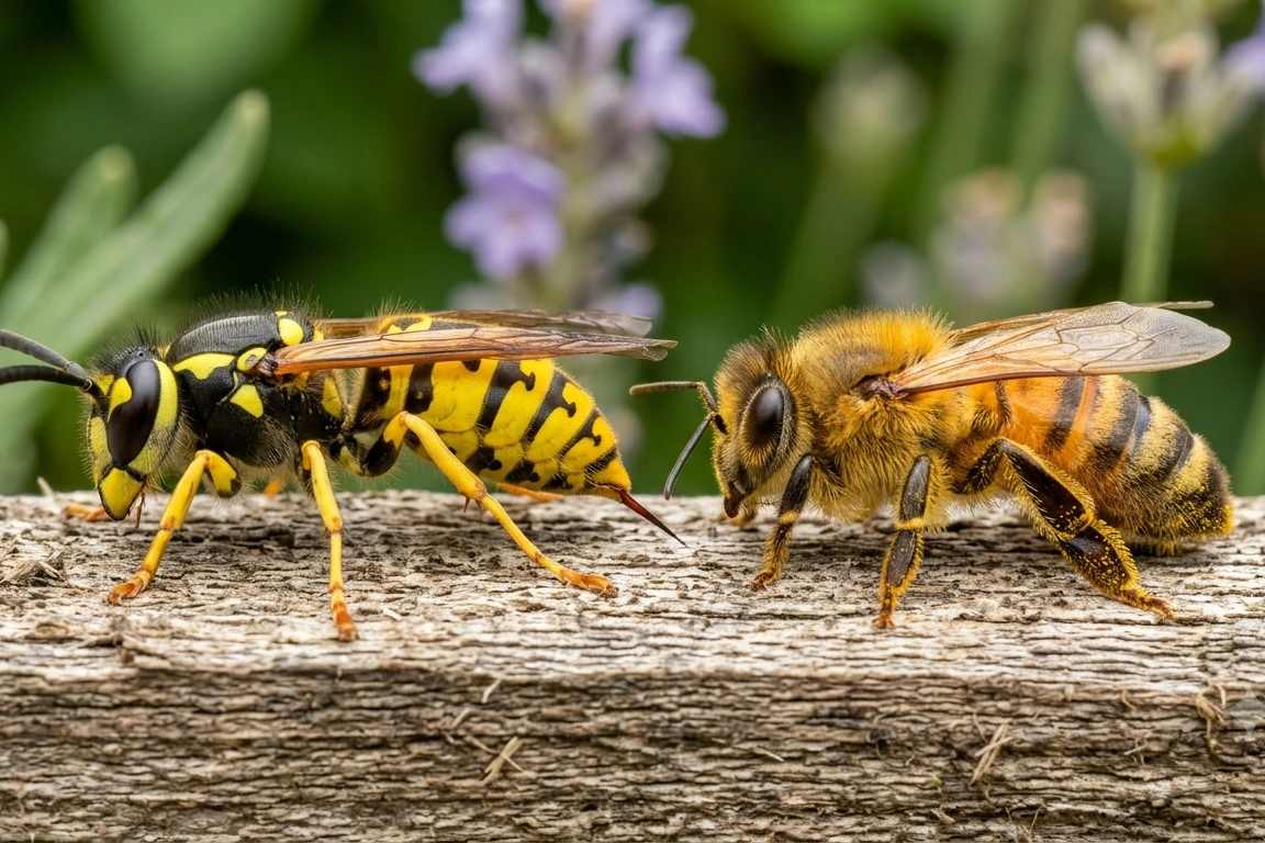 Comparaison visuelle entre une guêpe et une abeille : différences de couleur, de forme et de pilosité