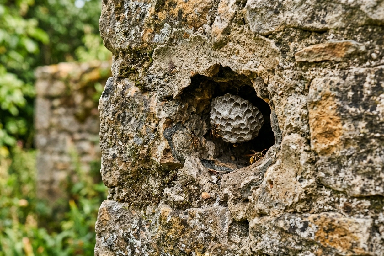 Nid de guêpes visible dans une cavité de mur en pierre sur une propriété en Gironde