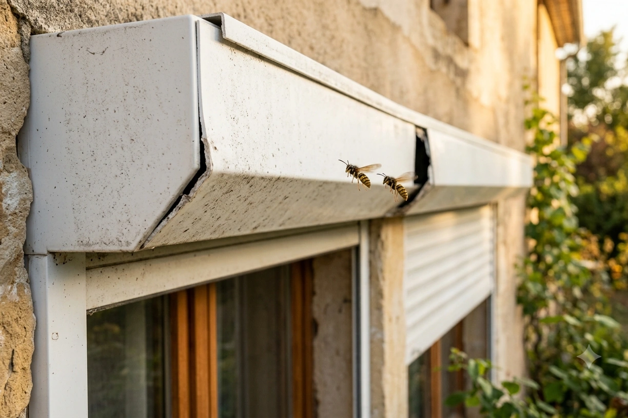 Guêpes à l'entrée d'un coffre de volet roulant sur une maison en Gironde
