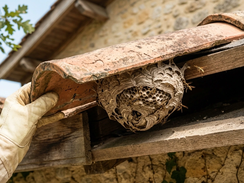 Nid de guêpes actif dans une cabane de jardin en Gironde : situation à traiter par un professionnel