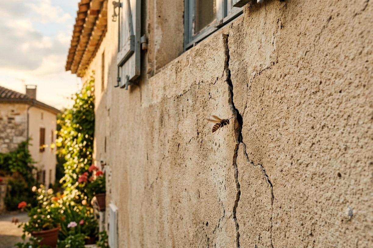 Fissure dans une façade de maison avec activité de guêpes en Gironde, point d'entrée d'un nid