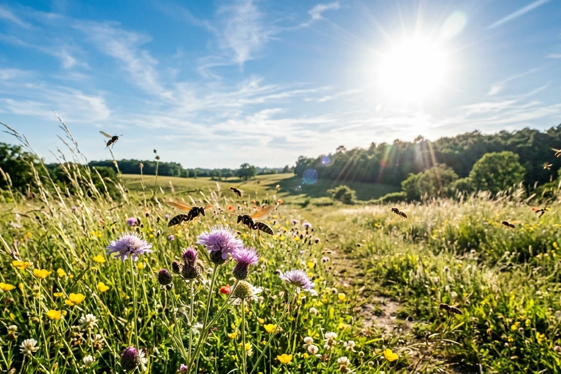 Jardin en Gironde sous forte chaleur avec présence de guêpes, période de vigilance estivale