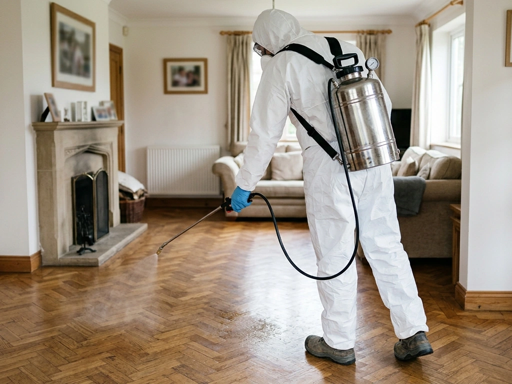 Technicien en combinaison intégrale traitant des puces sur parquet au pulvérisateur en Gironde