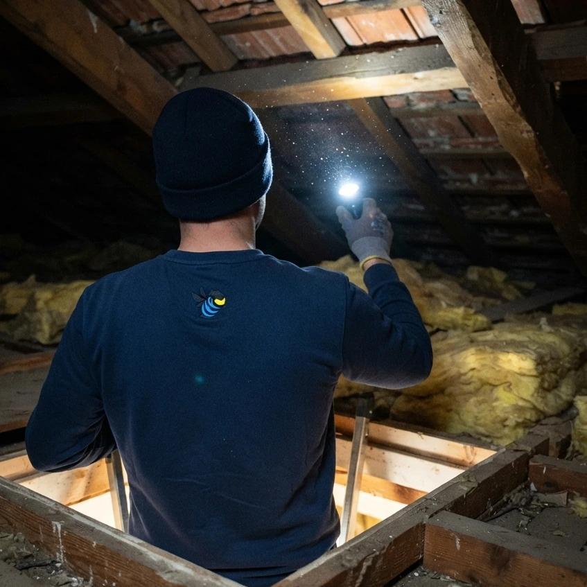 Technicien anti-nuisibles inspectant des combles à la lampe torche pour repérer rats, souris ou nids en Gironde