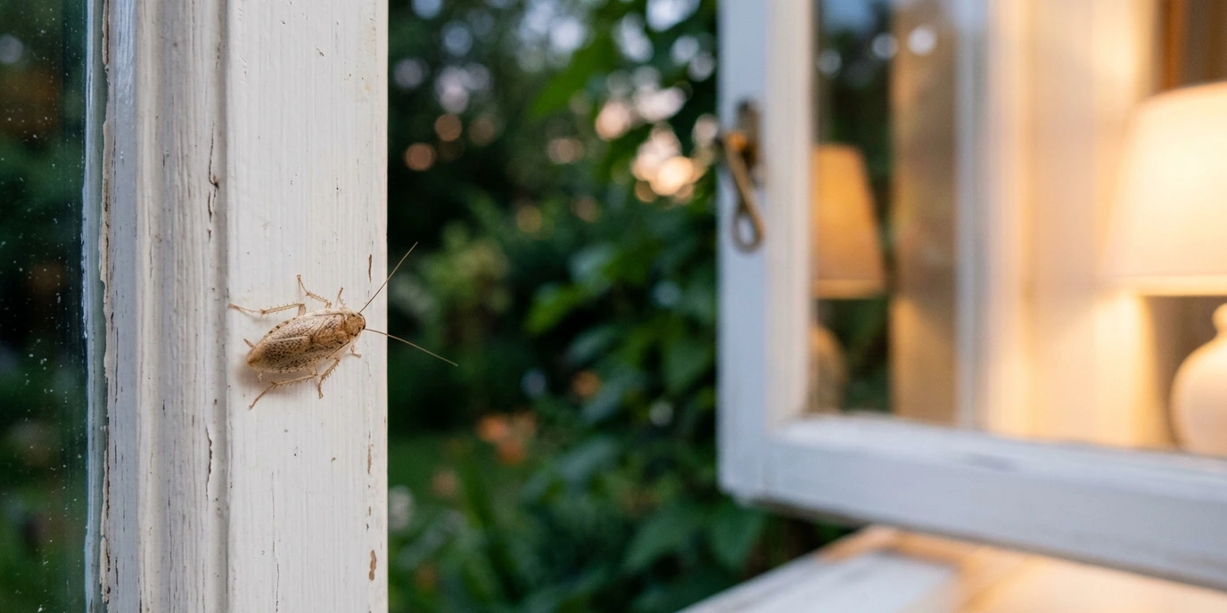 Petite blatte des bois beige posée sur le cadre d'une fenêtre ouverte un soir d'été en Gironde