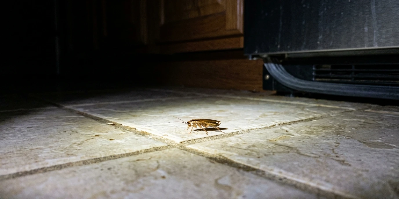 Une blatte germanique seule sur le carrelage d'une cuisine, éclairée par une lampe torche la nuit