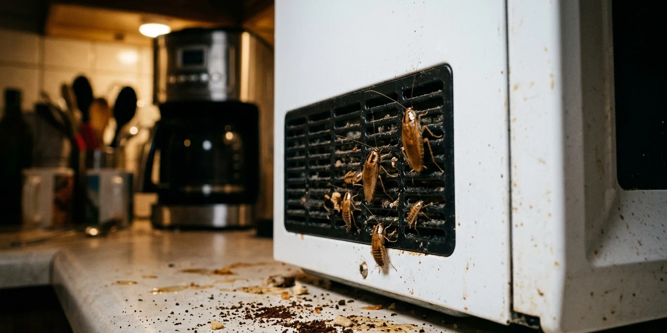 Blattes germaniques sortant de la grille d'aération d'un micro-ondes dans une cuisine, à côté d'une machine à café