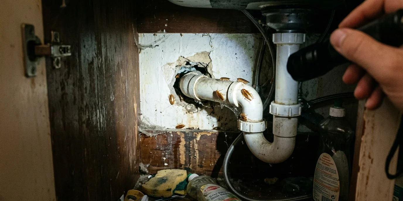 Blattes germaniques sortant de l'espace autour d'un tuyau sous un évier dans un immeuble ancien à Bordeaux