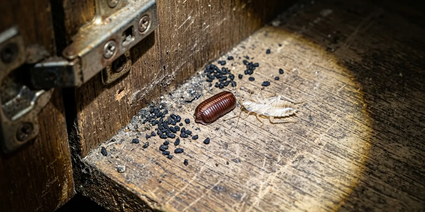 Petits points noirs de déjections de blattes, oothèque brune et mue près d'une charnière de placard de cuisine