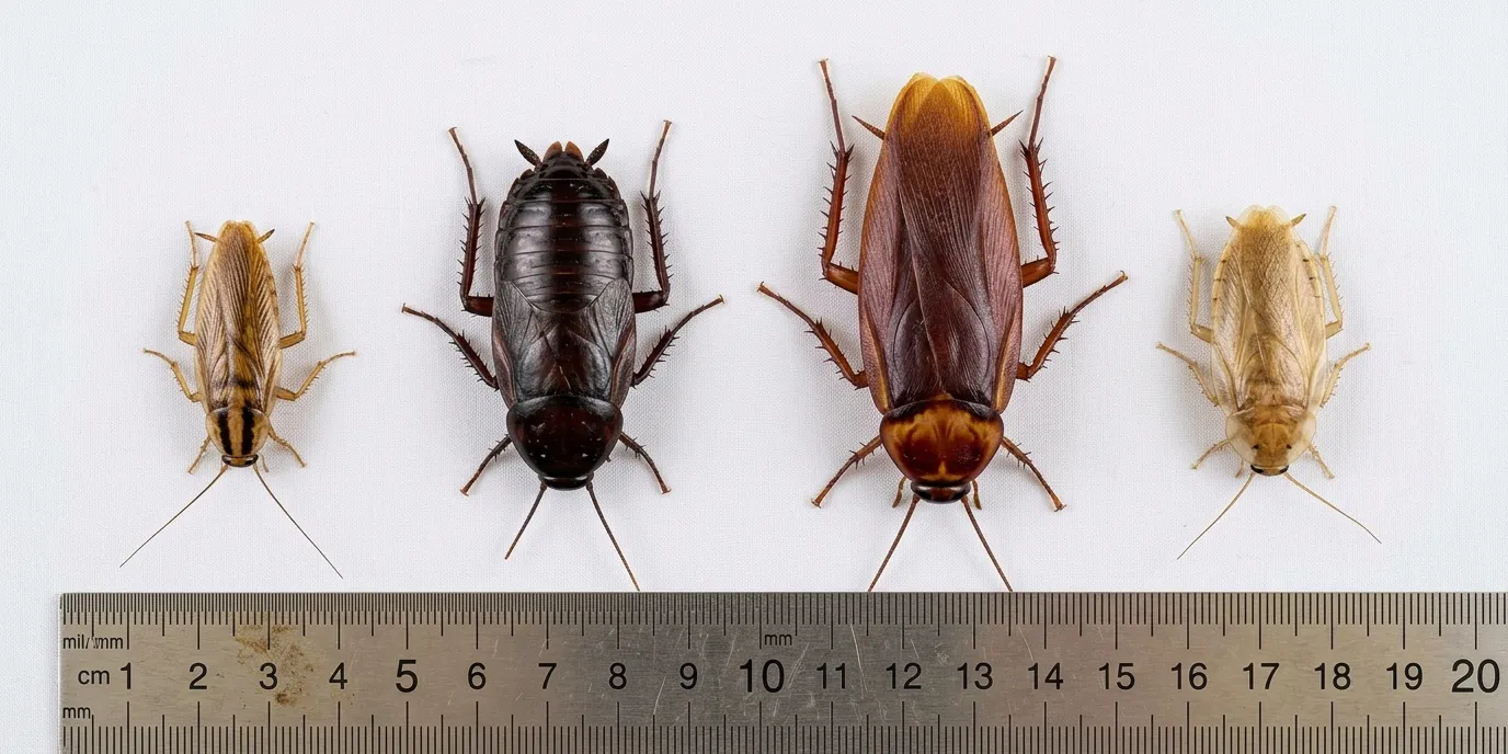 Quatre espèces de blattes côte à côte : germanique, orientale, américaine et blatte des bois