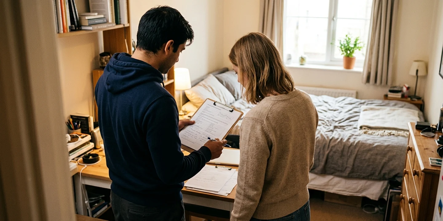 Propriétaire et locataire examinant un rapport d'intervention punaises de lit dans un studio