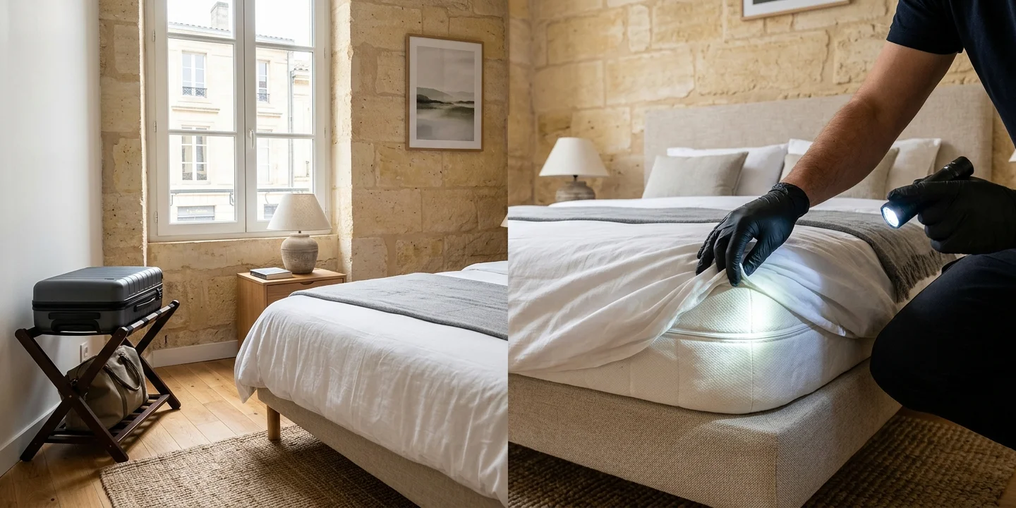 Inspection du matelas d'une chambre de location saisonnière à Bordeaux à la lampe torche