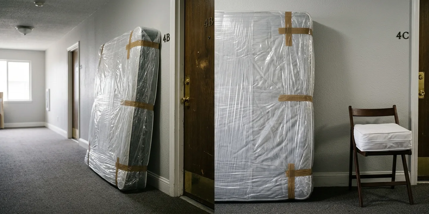 Matelas entièrement emballé dans un film plastique avant son évacuation pour cause de punaises de lit
