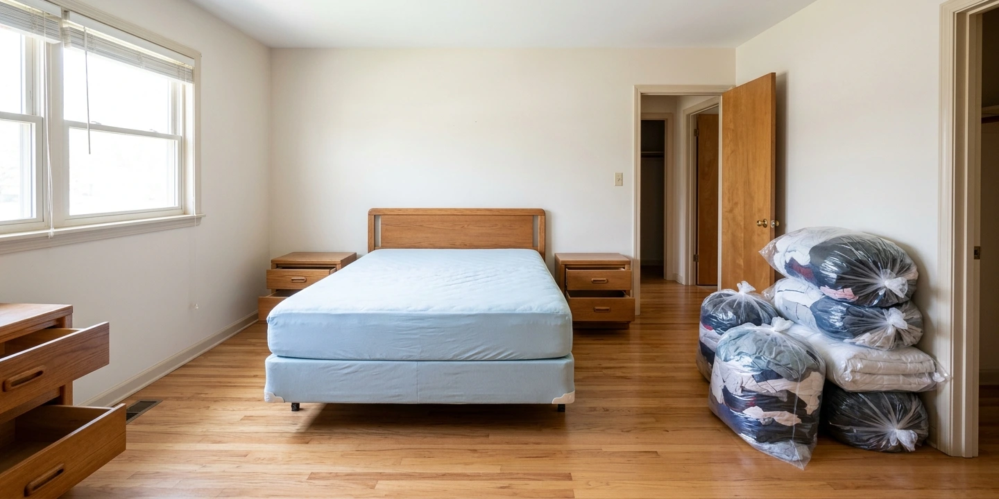 Chambre préparée avant un traitement contre les punaises de lit, lit défait et linge en sacs fermés