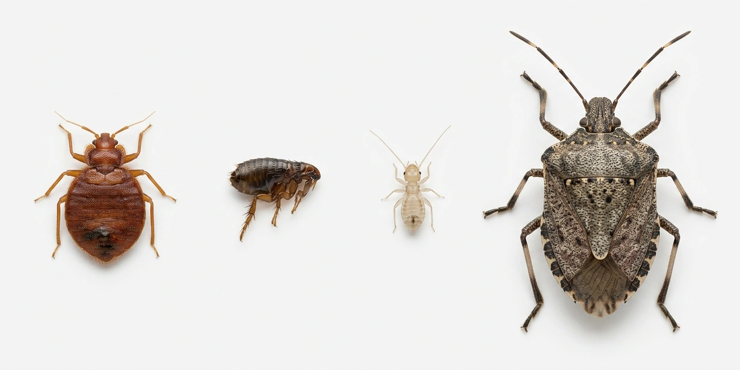 Punaise de lit, puce, psoque et punaise diabolique côte à côte sur fond blanc