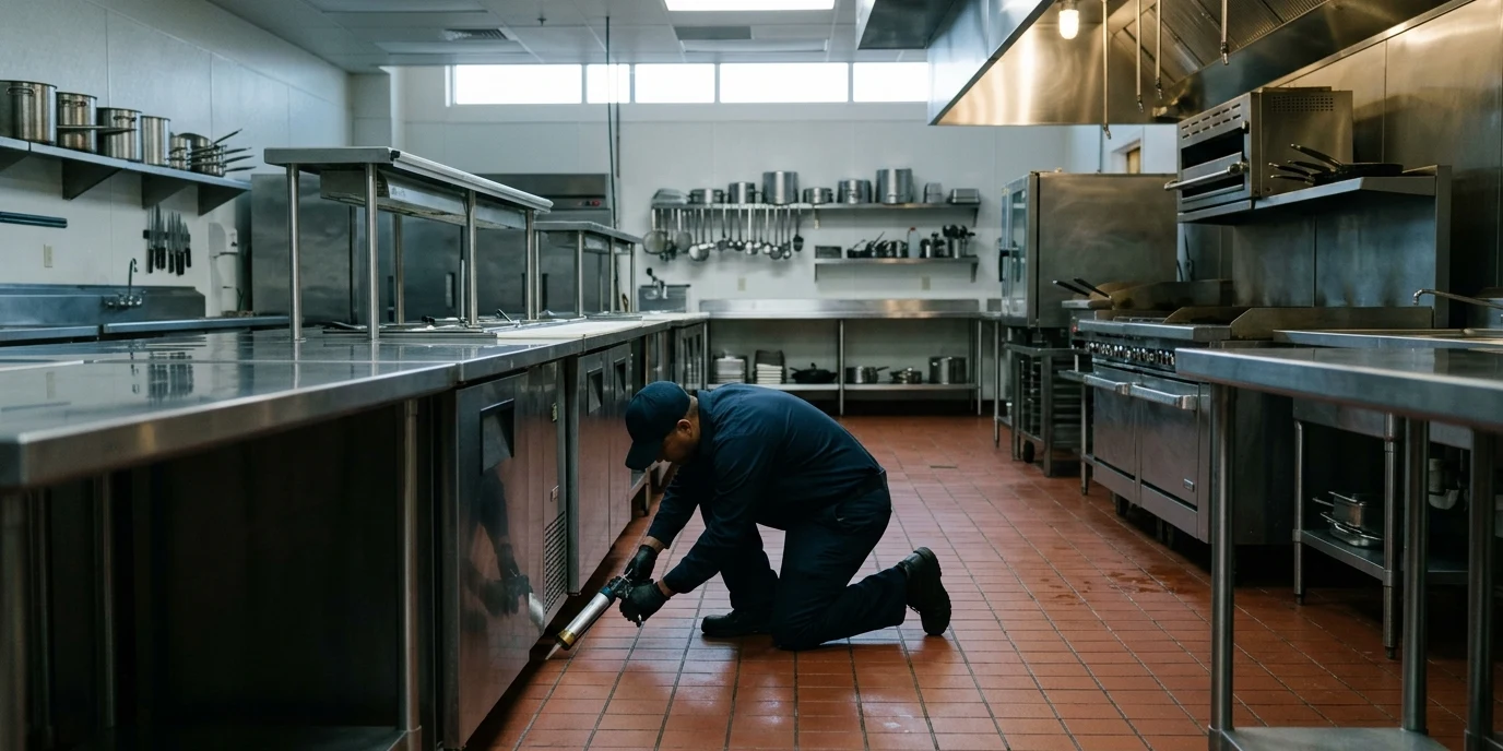 Technicien posant un gel appât anti-cafards sous un plan de travail inox dans une cuisine de restaurant à Bordeaux